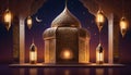 islamic mosque with lanterns and crescent moon with starry night sky Royalty Free Stock Photo