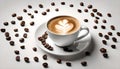 Ai-generated isolated pic. Cup of Coffee Latte and Coffee Beans in Exquisite Harmony on White Background, Cappuccino Elegance. Royalty Free Stock Photo