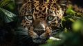 Closeup shot of a jaguar surrounded by vegetation created with Generative AI technology Royalty Free Stock Photo