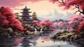japanese art style landscape of pagoda nestled among cherry blossom trees, with a gentle stream by AI generated