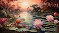 japanese art style landscape of a peaceful forest pond with water lilies and dragonflies hovering above by AI generated