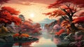 japanese art style landscape of traditional garden in autumn, with vibrant maple trees and a tranquil pond by AI generated