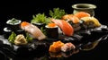 AI Generated. Japanese food fresh salmon sushi plate, a Japanese gourmet lunch delight