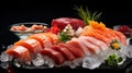 AI Generated. Japanese food sashimi raw fish on the ice