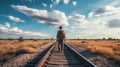 AI Generated Journey of Solitude, Lone Traveler Walking Along Deserted Railway Track Royalty Free Stock Photo