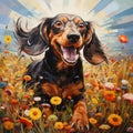 A joyful Dachshund racing through a field of wildflowers, ears flapping in the wind by AI generated