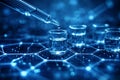 AI generated laboratory research with pipette dropping liquid into glass vials on digital molecular network representing Royalty Free Stock Photo