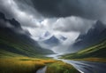 AI generated landscape consisting of cloudy skies, mighty mountain peaks and a water stream flowing through green meadows