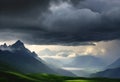 AI generated landscape consisting of rain laden clouds looming over hills and green meadows