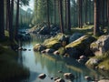 AI generated landscape consisting of a river flowing through the middle of a dense forest