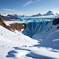 AI generated landscape consisting of snow clad mountain peaks with a frozen water body and snow all around