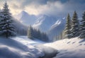 AI generated landscape consisting of snow clad mountains, pine trees at the foot hills and frozen water stream