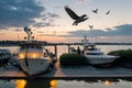 AI generated landscape consisting of yachts anchored in a jetty with birds and the setting sun