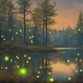 AI generated landscape depicting twinkling fireflies in a pond in the evening time