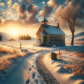 Vintage Abandoned Schoolhouse Winter Snowstorm Retro Old Building Steeple Exterior AI Generate