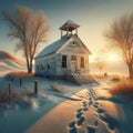 Blizzard Vintage Abandoned Schoolhouse Snowstorm Retro Old Building Steeple Exterior AI Generate