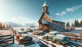 Abandoned Charming Country Church Building Retro Cars Old Steeple Exterior AI Generated