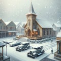 Downtown Charming Ornate Vintage Church Snowfall Retro Old Building Steeple Exterior AI Generate