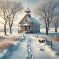 Old White Schoolhouse Winter Snowstorm Vintage Retro Building Steeple Exterior AI Generate