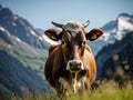 AI-Generated Landscape: Majestic Cow Grazing in the Alp Mountains