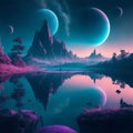 AI generated landscape with mountain surrounded by water undersky with planets Royalty Free Stock Photo