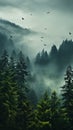 Landscape painting with foggy mountains