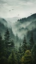 Foggy mountain landscape painting with pine trees and birds flying