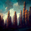 AI-generated landscape of road and thin spires of rock under the cloudy sky