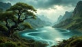 Serpentine Turquoise River Flowing Through Majestic Mountain Valleys Under Soft Morning Light Royalty Free Stock Photo