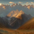 AI generated landscape showcasing sunkissed peaks of mountains and mountain ranges alongwith the beautiful valleys Royalty Free Stock Photo