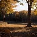 AI generated landscape showcasing the trees and leaves falling during Autumn season Royalty Free Stock Photo