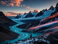 AI generated landscape of snowclad mountains with a river meandering along the valley and a tourist standing at the riverfront Royalty Free Stock Photo