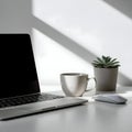 AI-Generated Laptop, Coffee, Mouse, and Succulent Plant on a White Table Royalty Free Stock Photo