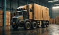 A truck is parked in a warehouse with a lot of boxes around it. Royalty Free Stock Photo