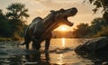 A dinosaur is running in the water with the sun setting in the background.