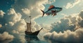 A fish is flying in the air above a boat on the water. Royalty Free Stock Photo