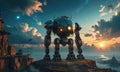 A robot is standing on a cliff with a sunset in the background. Royalty Free Stock Photo