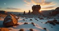 A rock is in the foreground of a desert scene with a sunset in the background. Royalty Free Stock Photo