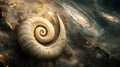 A large, spiraling shell-like structure floats amidst a cosmic backdrop of swirling galaxies and stars Royalty Free Stock Photo