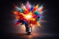 AI generated light bulb exploding with vibrant colorful paint splashes symbolizing creativity inspiration innovation imagination Royalty Free Stock Photo
