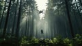 AI Generated Light green and black drone pilot flying through epic forest