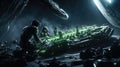 AI Generated Light green and black nanobots fixing a spaceship in outer space