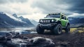 AI Generated Light green and black SUV driving on a rough terrain
