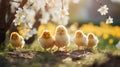 AI Generated. Little cute fluffy yellow chicks run along the ground.