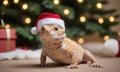 AI generated little dragon wearing a Santa hat under the Christmas tree