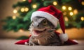 AI generated little dragon wearing a Santa hat under the Christmas tree