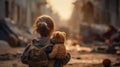 AI generated little girl with bear toy looking at war aftermath