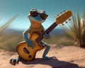AI generated a little lizard with sunglasses playing an electric bass on the sand of the desert on a sunny day