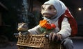 AI generated lizard riding bicycle with a basket of fresh flowers