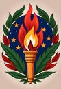 a logo of a fire burning on a torch in a circle of plants and stars on it Royalty Free Stock Photo